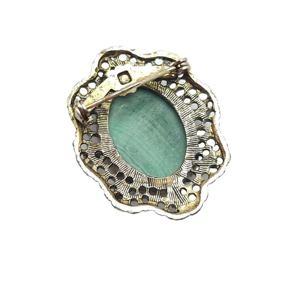 Green Malachite Stone Oval Filigree Brooch Pin Gold Tone Vintage - Picture 3 of 4